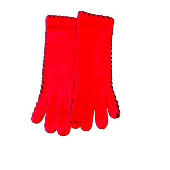 Vintage Red Knit Gloves With Black Trim Approximate Size Medium - Picture 3 of 3